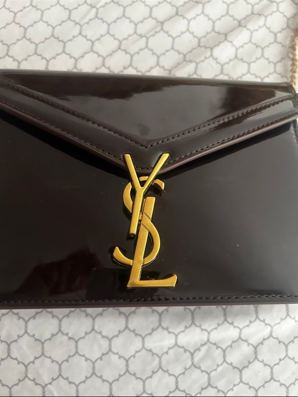 Brown Patent Envelope Shoulder Bag with Gold Chain - Picture 2 of 6